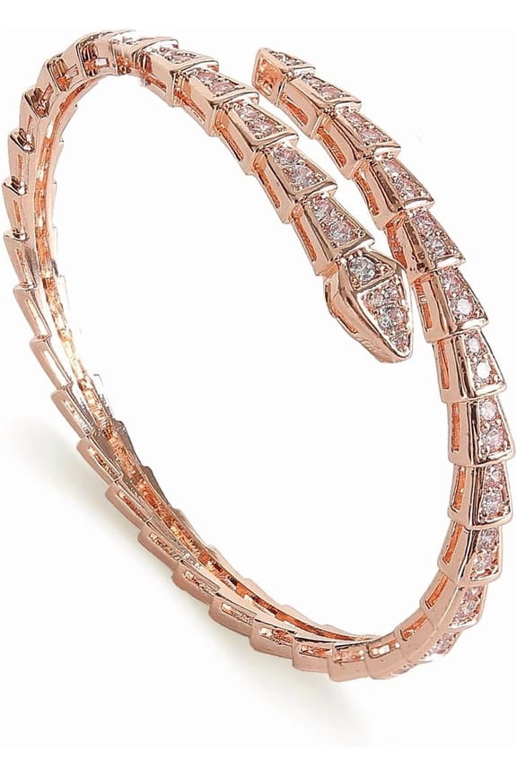Snake Bracelet for Women, 14K Gold Plated Adjustable Open Cuff Bangle with Zircon Rhinestone Crystal, Christmas Valentine's Day Gift for Her, Rose Gold