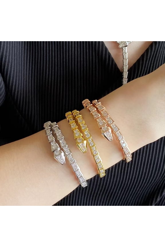 Snake Bracelet for Women, 14K Gold Plated Adjustable Open Cuff Bangle with Zircon Rhinestone Crystal, Christmas Valentine's Day Gift for Her,Silver /Gold/Rose Gold