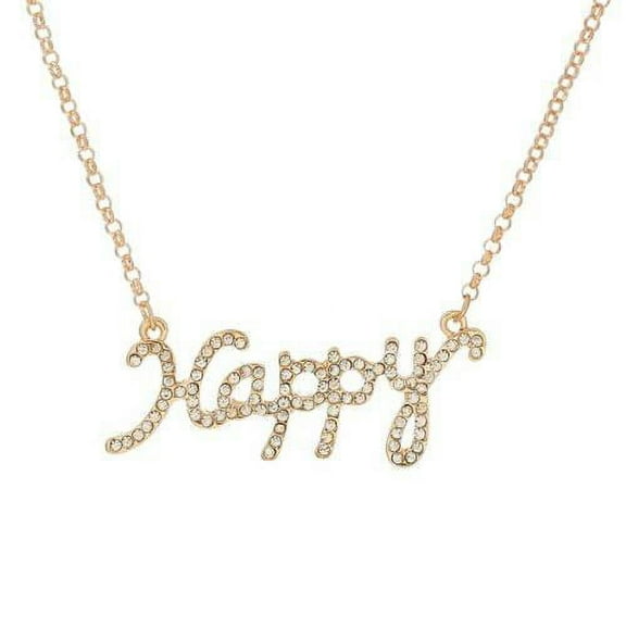 Snake Chain Pendant Necklace Gold Tone Happy with Clear Crystals and Lobster Clasp