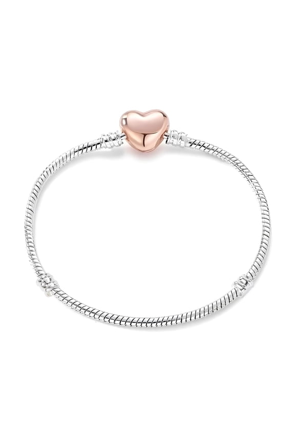 Snake Charm Bracelet With Heart Clasp Two Tone Plated Fits Standard European Beads Ginger Lyne Collection - 21cm=8.27inch