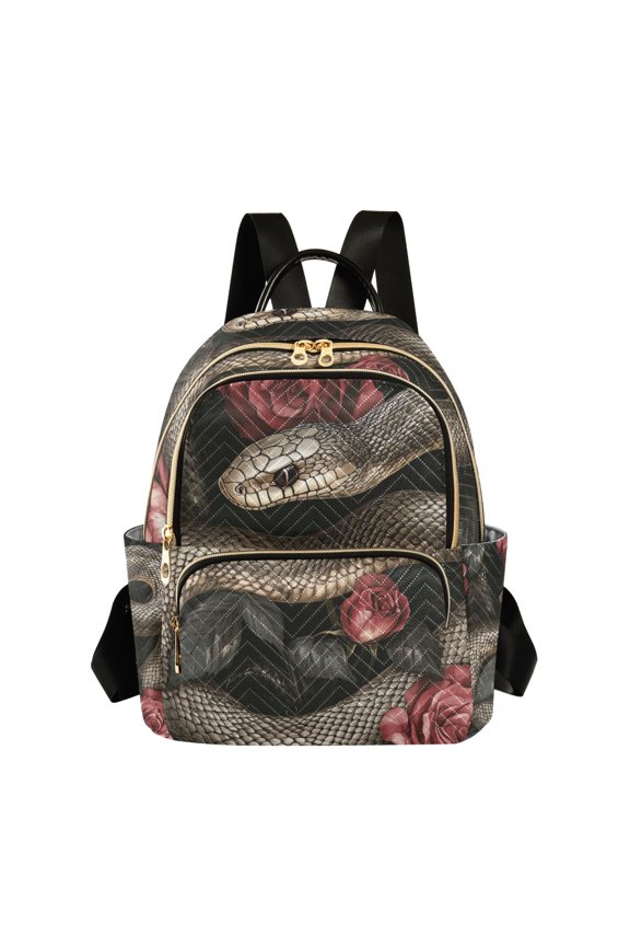 Snake Coiled on Roses Vintage Style Quilted Backpack Fashion Daypack Commuter Bag for Women 8.5 L