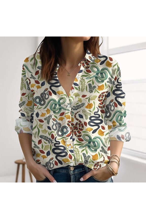Snake Colorful Linen-Look Shirt, Botanical Women Shirt, Nature Inspired Blouse Shirt, Gardening Casual Tops, Button Down Shirt For Her, Button Up Shirt, Blouses Tops Women, Gift for Mother