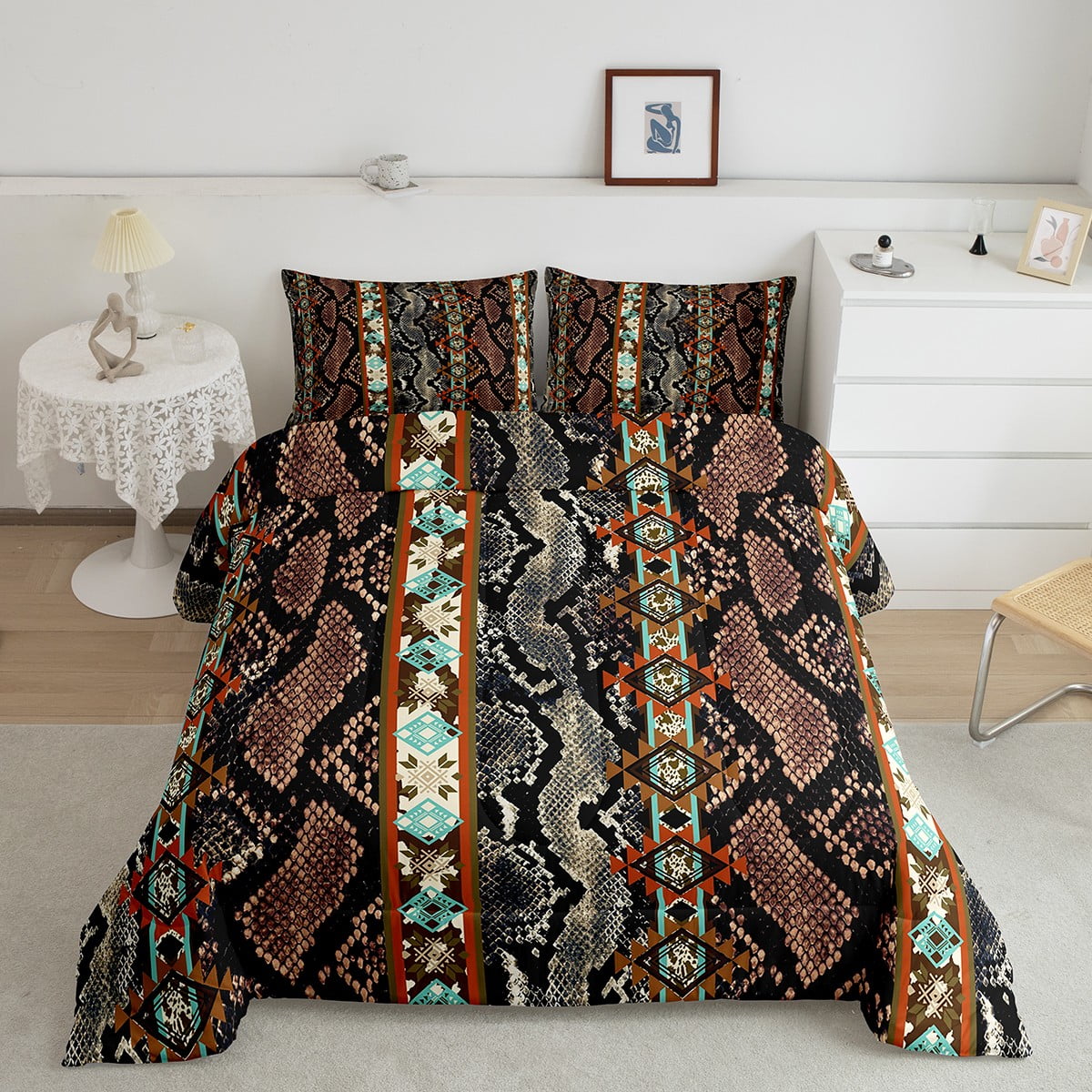 Snake Comforter Set Dark Brown Snake Hide Quilt Exotic Ethnic Tribal