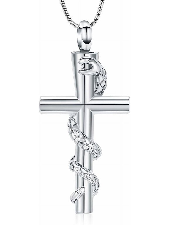 Snake Cross Cremation Necklaces Animal Serpent Urn Pendant Cross Memorial Pendant Religion Pray Keepsake Gift Perfect Daily Necklace