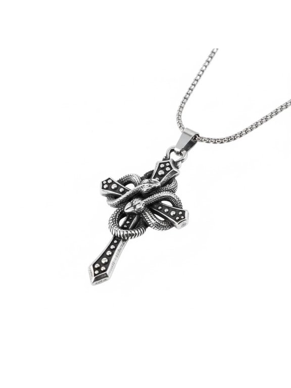 Snake Cross Pendant Necklace Stainless Steel Gothic Biker Jewelry Serpent Design Chain Stylish Statement Fashion Accessory Gift for Men Punk Rock Lovers