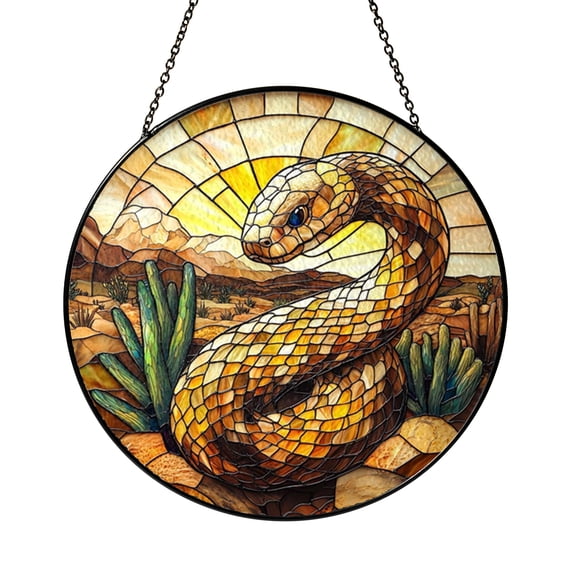 Snake in Desert Landscape Stained Glass Suncatcher Window Hanging, Cactus and Sand Dunes Round Glass Art Panel, Wild Desert Scene Window Decor, Decorative Hanging Ornament for Home