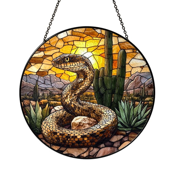 Snake Desert Stained Glass Suncatcher Window Hanging Decor, Rattlesnake Cactus Stained Glass Style Window Ornament, Wild Animal Art Sun Catcher for Living Room Window Decor