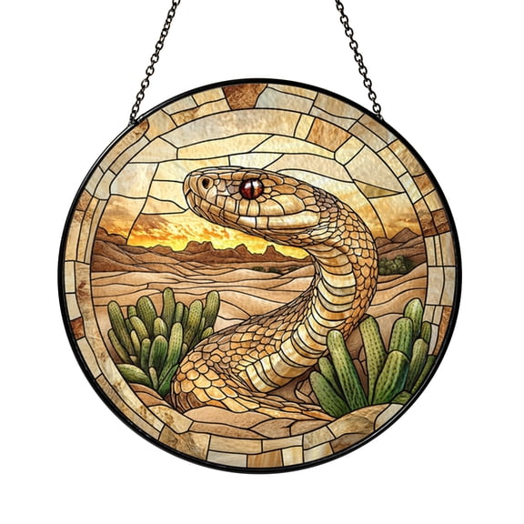 Snake Desert Stained Glass Suncatcher Window Hanging, Rattlesnake Cactus Stained Glass Style Window Decor, Wild Desert Animal Art Sun Catcher Ornament, Nature Wildlife Window Decoration