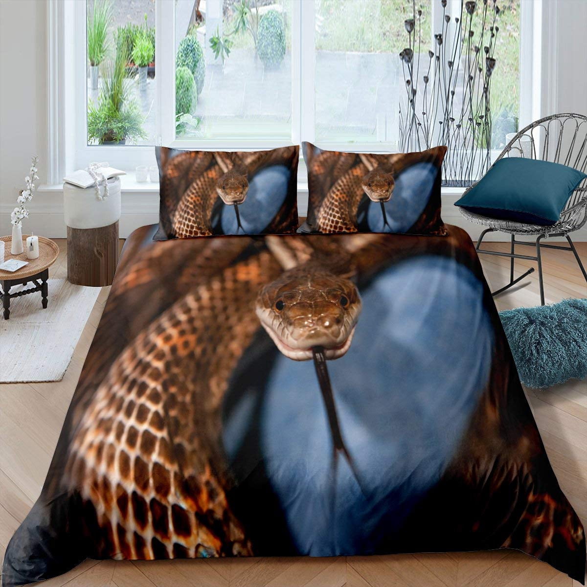 Snake Duvet Cover Set 3D Python Palm Leaf Bedding Set King Size Reptile ...