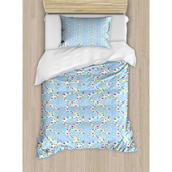 Snake Duvet Cover Set Twin Size, Funny Cartoon Style Snakes with Colorful Polka Dots Joyful Layout, Decorative 2 Piece Bedding Set with 1 Pillow Sham, Pale Sky Blue Multicolor, by Ambesonne