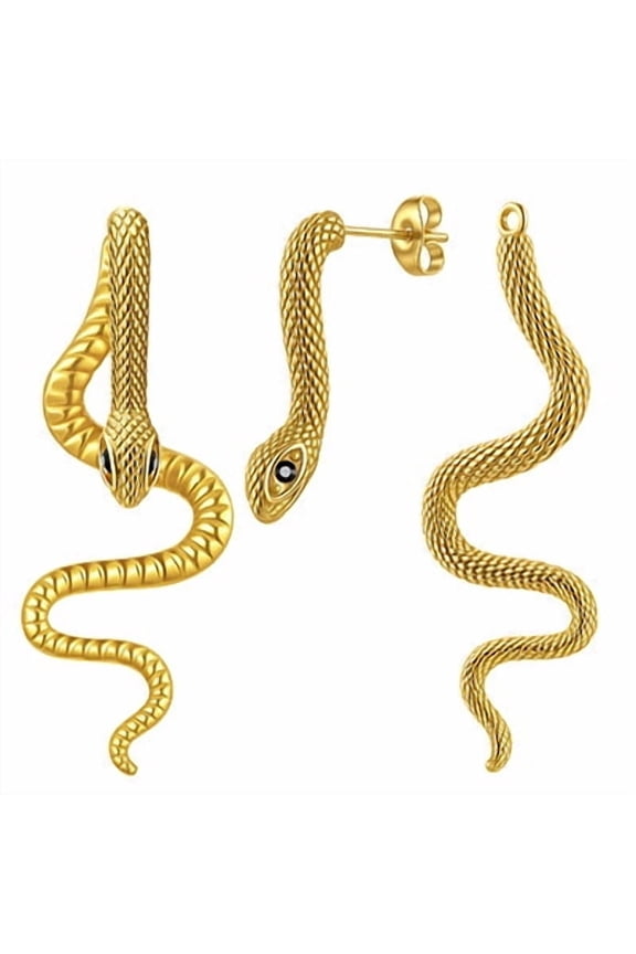 Snake Earrings for Women Men, Punk Gothic Stainless Steel Stud Earrings, Hypoallergenic gold plated Snakes Jewelry with Zircon, Statement Cool Rock Hip Hop Biker Earring Halloween Gifts