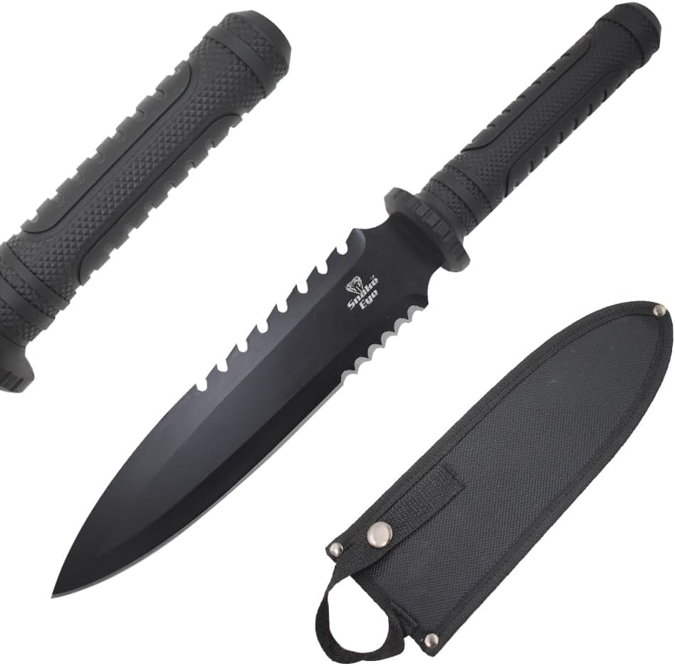 Snake Eye Tactical 15" Fixed Blade Hunting Knife - 9" Half Serrated Sawback Stainless Steel Blade w/ Nylon Sheath