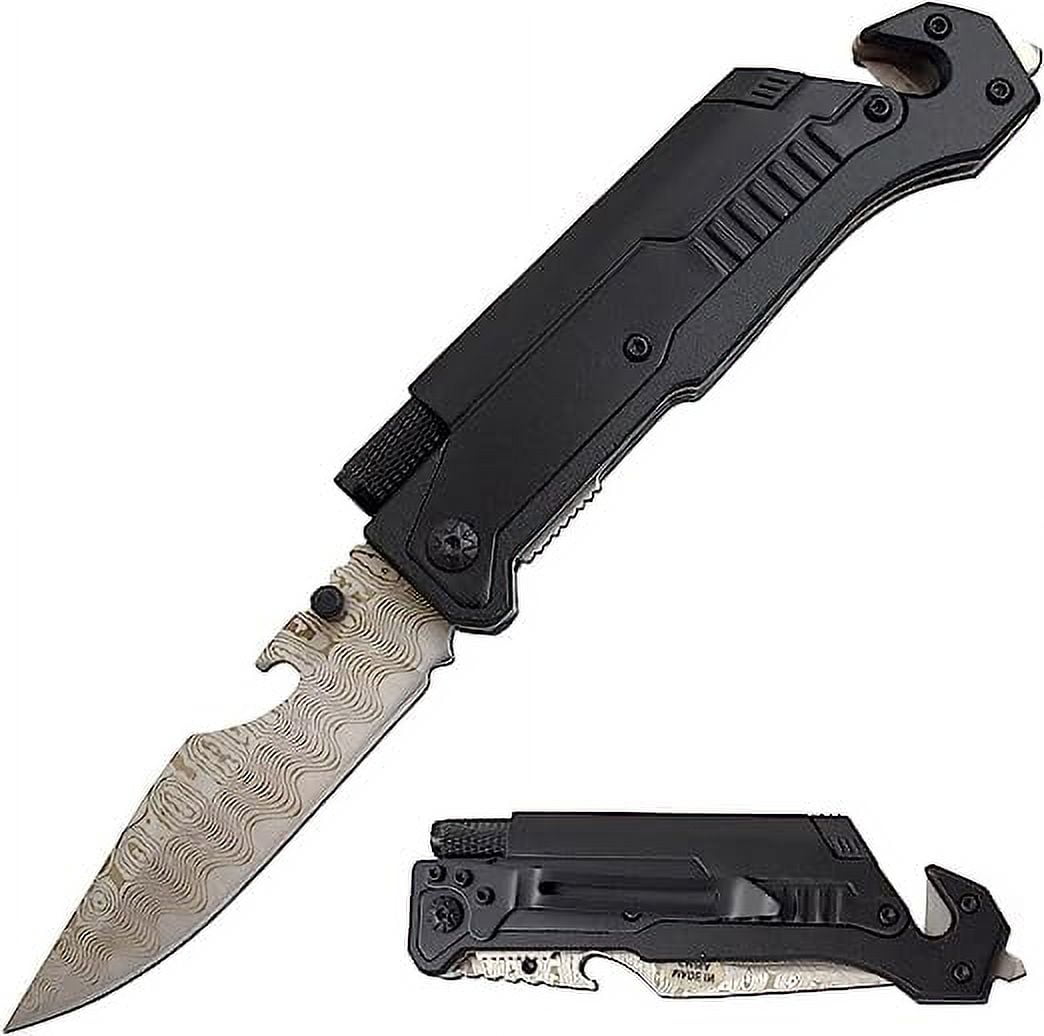 Snake Eye Tactical 6in1 Black Damascus Multitool Knife with Flint