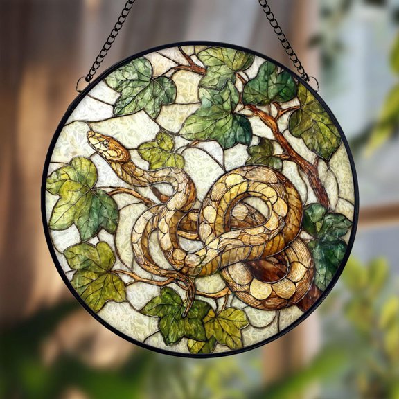 Snake Glass Suncatcher, Serpent on Tree Branch Window Decor, Reptile Nature, 3.5 in