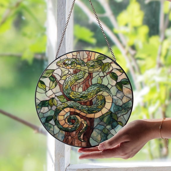 Snake Glass Suncatcher v2, Serpent Nature Art Panel, Mystical Reptile Magic Decor, 3.5 in