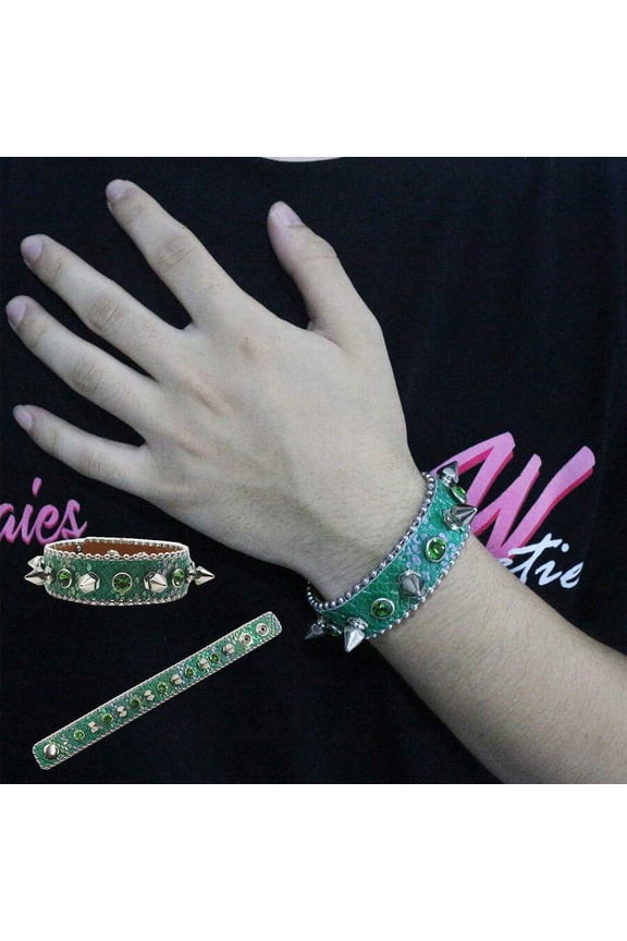 Snake Green Studded Spike Punk Bangle Bracelet With Rhinestones