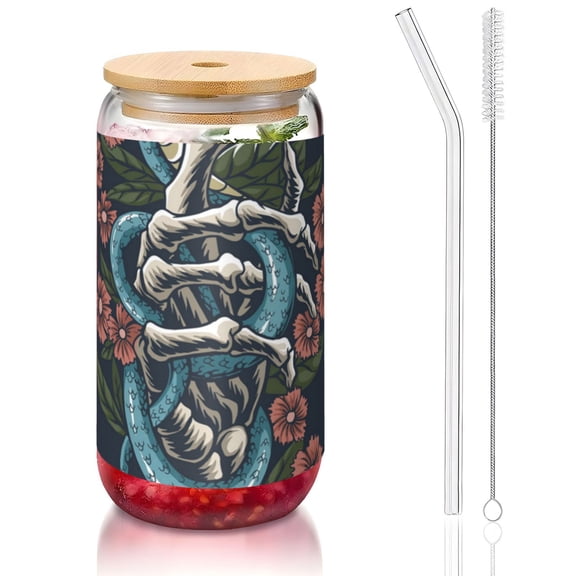 Snake Hand Bones Skull Flower 16oz Can Shaped Glass Cup with Bamboo Lid Straw Brush, Reusable Iced Coffee Beer Can Glass Tumbler for Soda, Tea, Cocktails