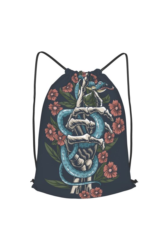 Snake Hand Bones Skull Flower Drawstring Backpack Gym String Bag Sports Sackpack Cinch Sack, Large