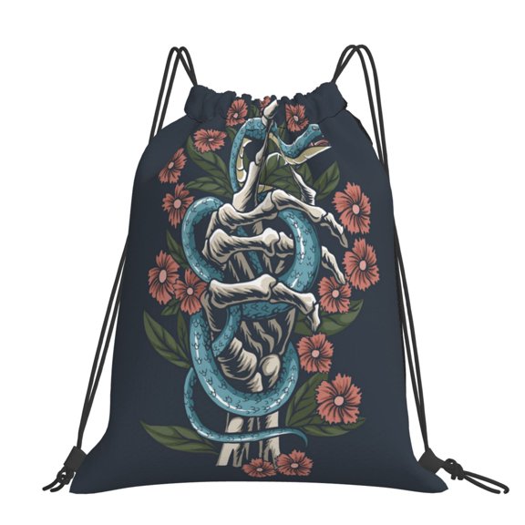 Snake Hand Bones Skull Flower Large Drawstring Backpack Casual Cinch Sack Bag Backpack for Sports Hiking Travel Gym