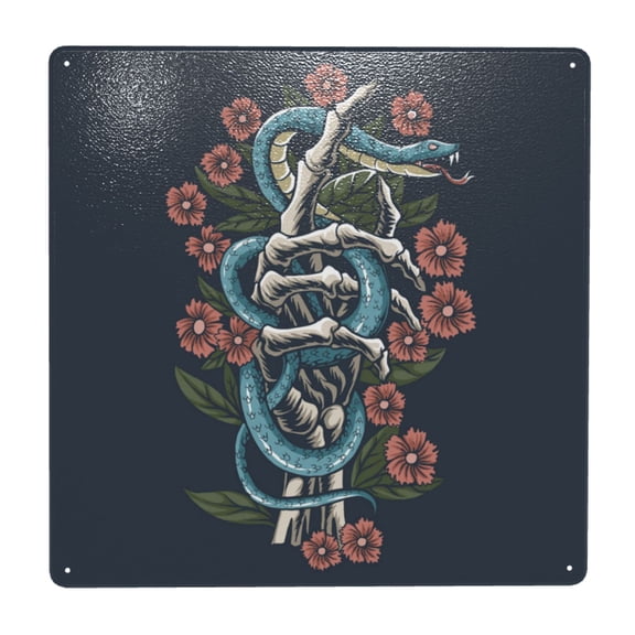 Snake Hand Bones Skull Flower Square Metal Sign 12x12 Inch Tin Sign Wall Decor Decorative Plaque for Bar, Cafe, Restaurant