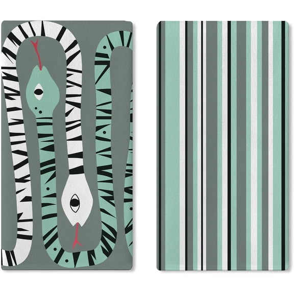Snake Kitchen Dish Towels Set of 2, Green White Striped Drying Hand Towel Baking Cooking Cloth, Modern Mid Century Farmhouse Bathroom Home Decoration 18'' x 26''