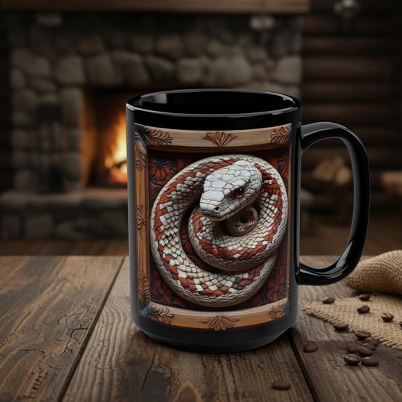 Snake Mug, Rustic Wood Style Serpent Coffee Cup, Reptile Wildlife Animal Lover Gift, Snake Decor, 15 oz Black Ceramic, Year of the Snake
