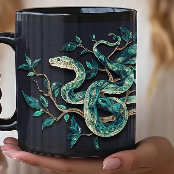 Snake Mug, Tree Boa Coffee Mug, Teal Snake on Branch, Quilled-look, Gift for Nature Lovers, Black Mug | 11oz 15oz