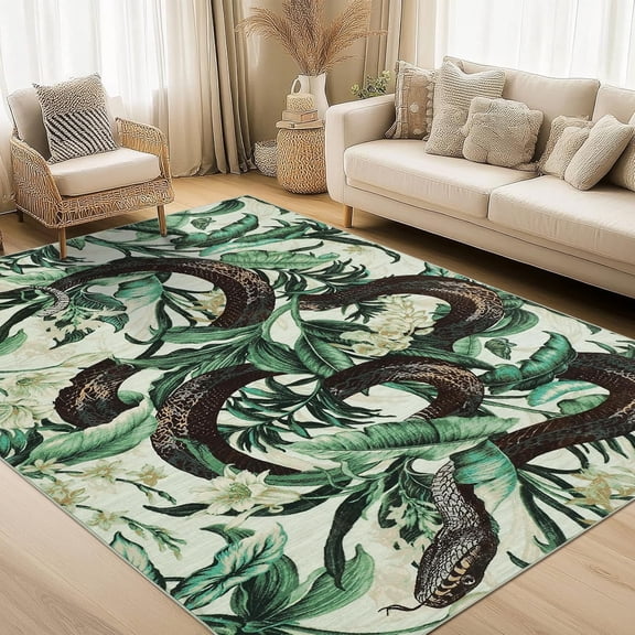Snake Oriental Runner Rug Washable Rug, Non-Slip Non-Shedding Kitchen Carpet, Low Pile Stain-Resistant Soft Carpet for Entryway, for Home Office Decor Beige and Green