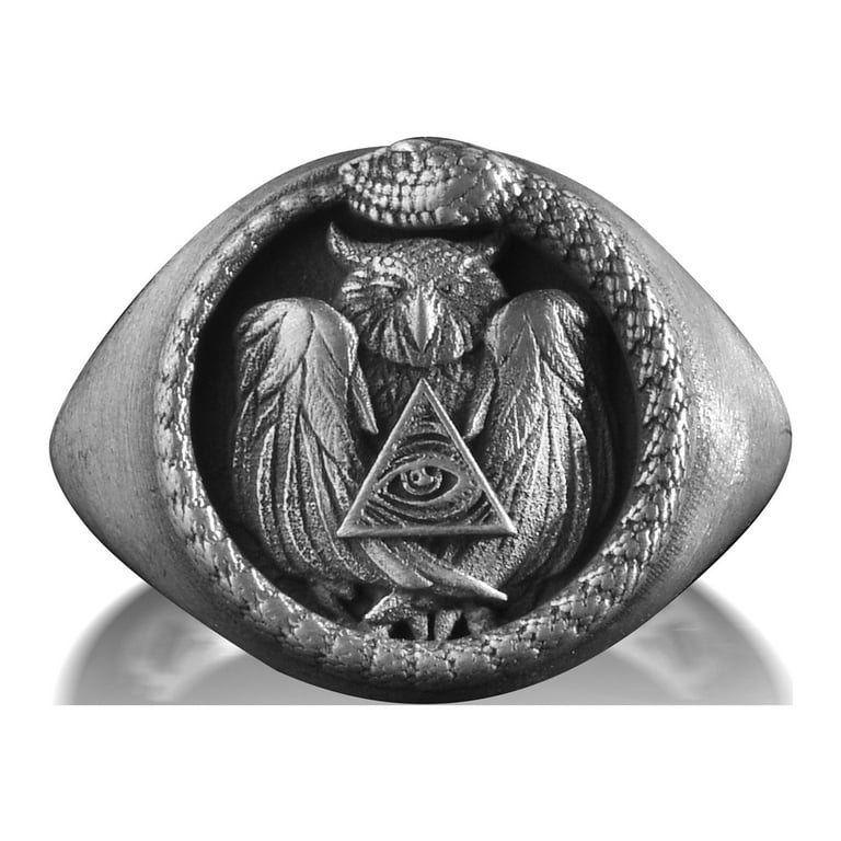 Snake Ouroboros Owl Eye Of Providence Men Ring, Freemasonry