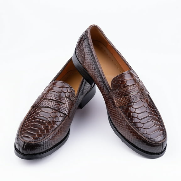 Snake Pattern Leather Loafers Slip on Daily Casual Shoes Comfortable PU Lining New Trend Handmade Footwear Brown 10