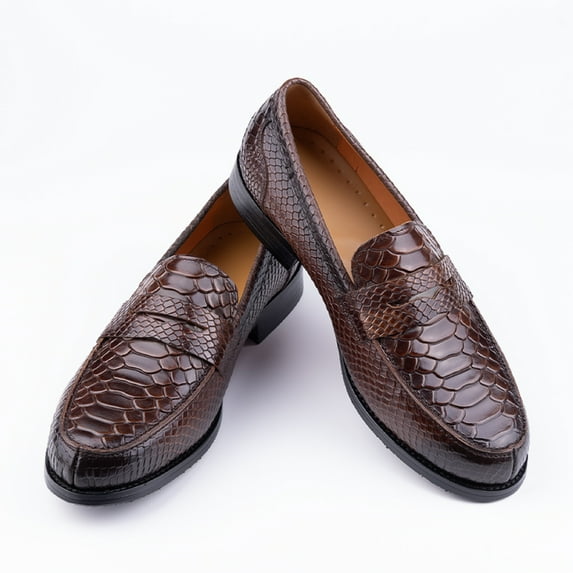 Snake Pattern Leather Loafers Slip on Daily Casual Shoes Comfortable PU Lining New Trend Handmade Footwear Brown 12
