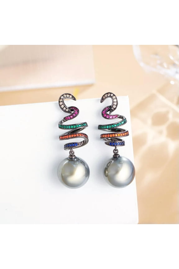 Snake Pearl Dangle Drop Earrings Black Gold Plated Cubic Zircon Multicolor Gift