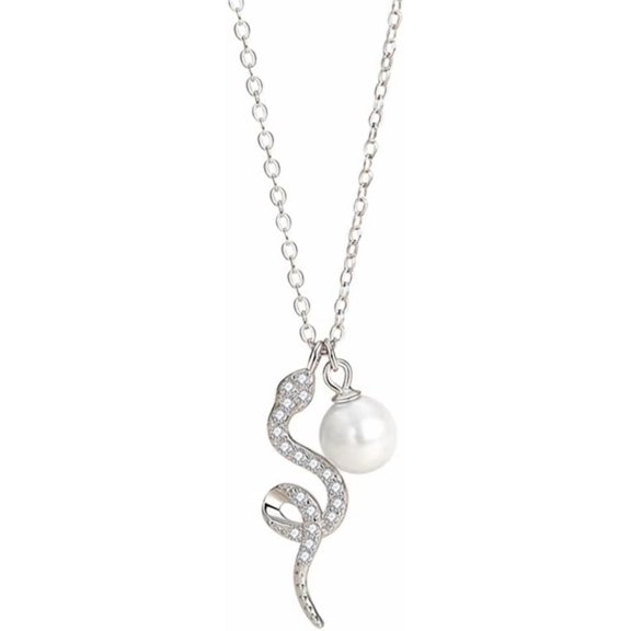 Snake Pearl Pendant Necklace for Women 925 Sterling Silver Choker Necklaces Cubic Zirconia Spirit Snake Animal Stacking Adjustable Link Chain Jewelry