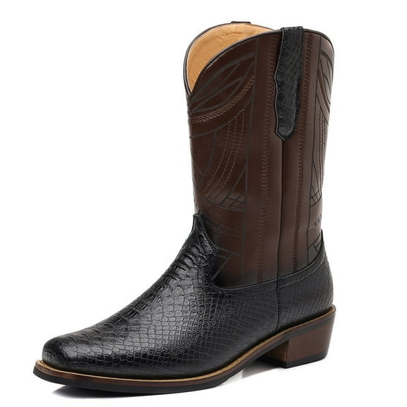 Snake Print Boots Men's Cowboy Boots Men's Retro Western Boots Men Cowboy Style Mid-Calf Western Cowboy Boots