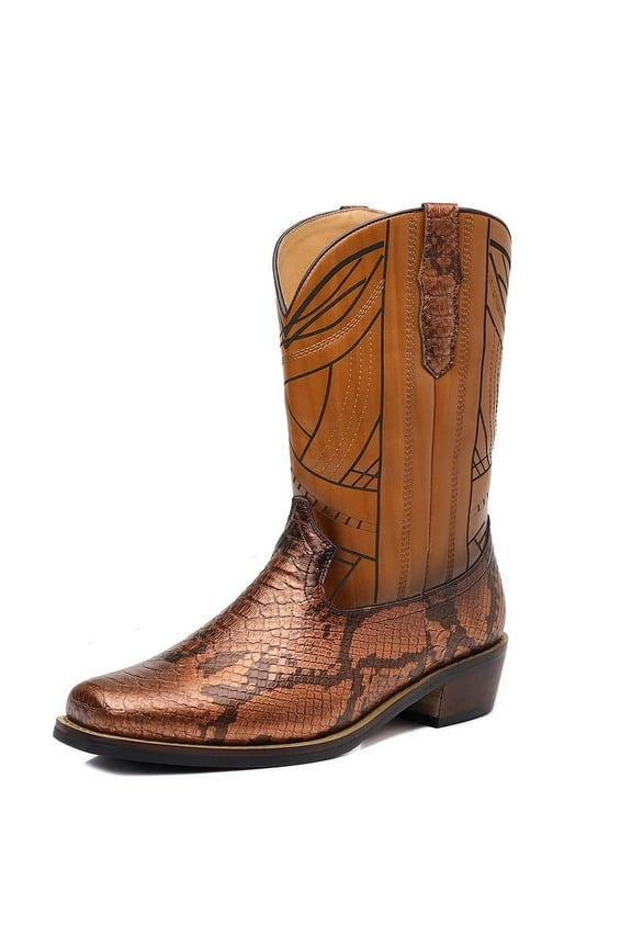 Snake Print Boots Men's Cowboy Boots Men's Retro Western Boots Men Cowboy Style Mid-Calf Western Cowboy Boots