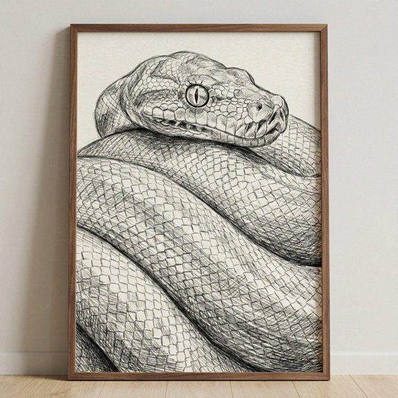 Snake Python Pencil Sketch Wall Decor Unframed Paper Print