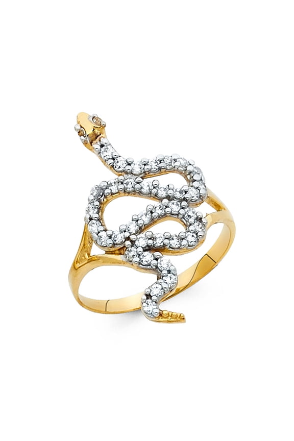 Snake Ring Solid 14k Yellow Gold Serpent Band CZ Stylish Curve Design Polished Finish Fancy, Size 6