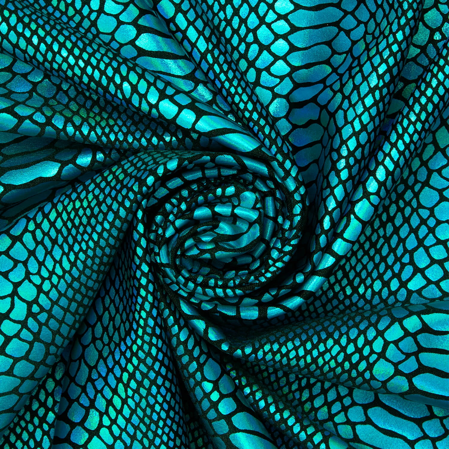 Snake Scale Hologram Tricot Foil Fabric - Black Turquoise Shiny Stretchy 60” By The Yard