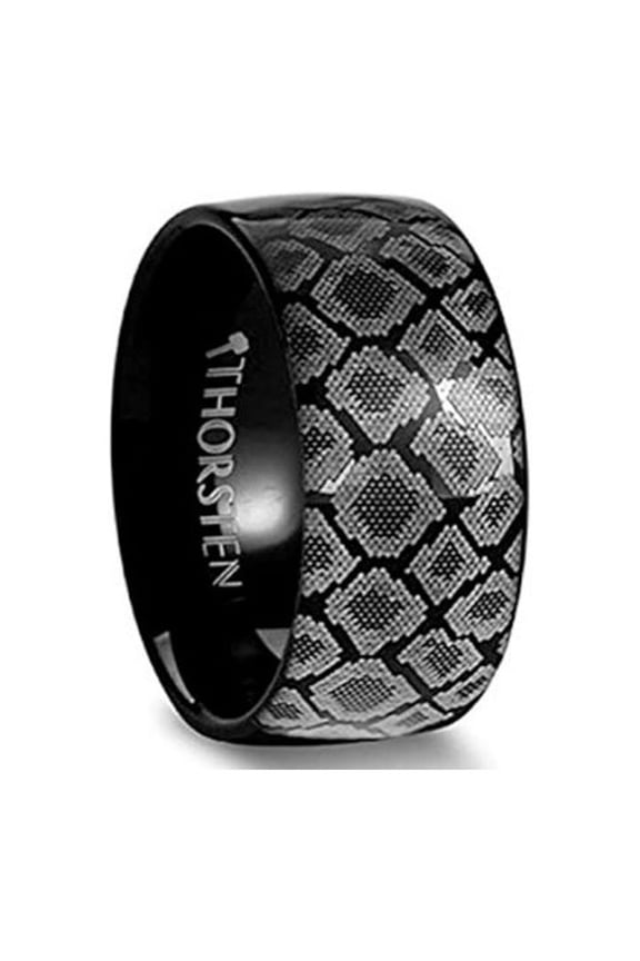 Snake Scales Print Ring Engraved Flat Black Tungsten Ring Polished - 4mm - 12mm