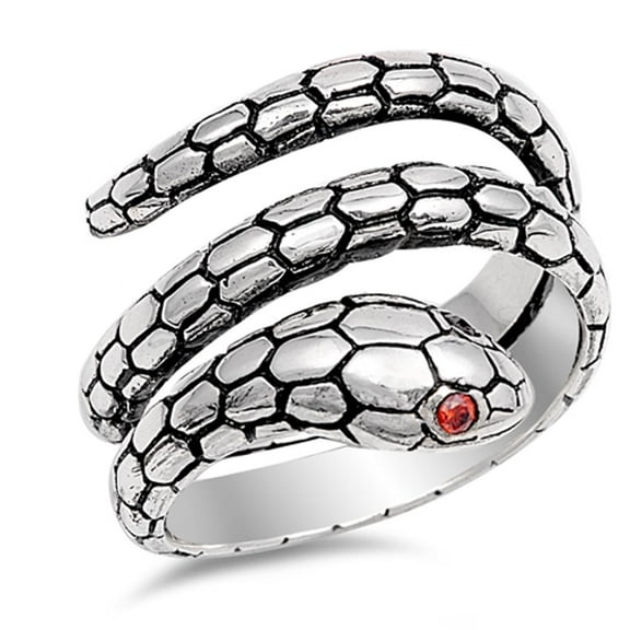 Snake Simulated Garnet Eyes Scale Serpent Ring .925 Sterling Silver Band Red CZ Female Size 10