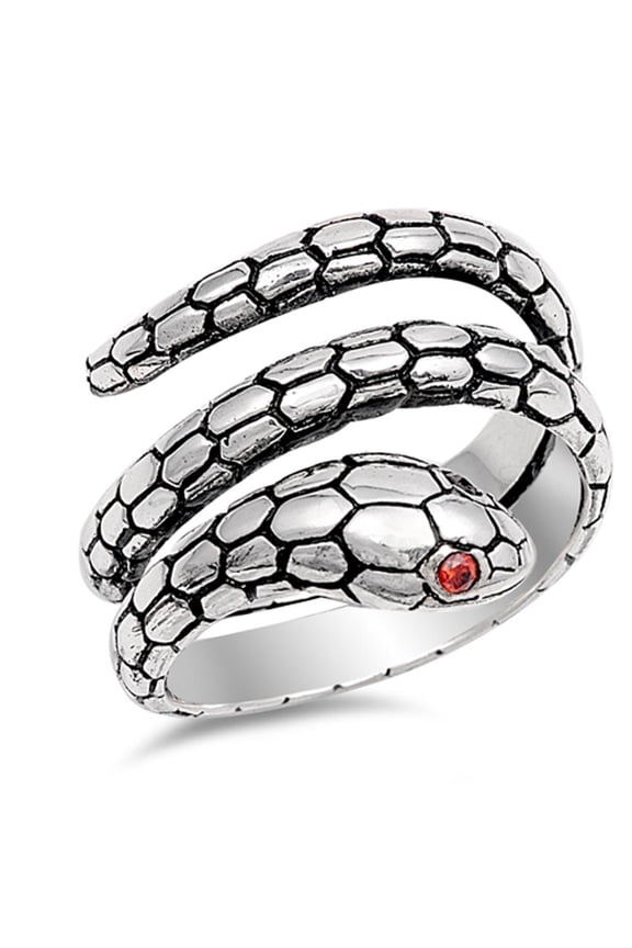Snake Simulated Garnet Eyes Scale Serpent Ring .925 Sterling Silver Band Red CZ Female Size 7