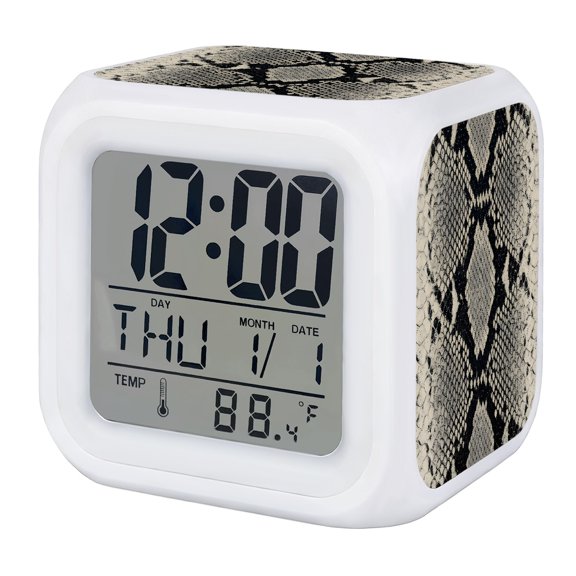 Snake Skin Digital Alarm Clock for Bedrooms, Smart LED Alarm Clock with 7 Color Changing Night Light, Wild Animal Pattern Ethnic Tribe Silent Wake Up Clocks for Sleep Study Cooking 3.2"x3.2"