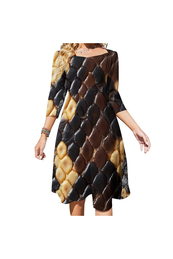 Snake Skin Textured Pattern Close Up Sweetheart Knot Flared Dress Fashion Design Large Size Loose Dress Spring Summer Women Dress