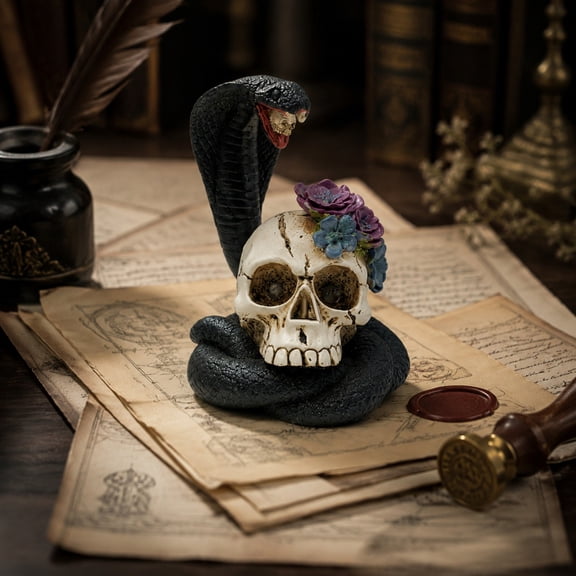 Snake Skull Resin Figurine with LED Light Black Serpent Wrapping Skull Statue Floral Gothic Halloween Decoration for Desk Shelf Dark Display