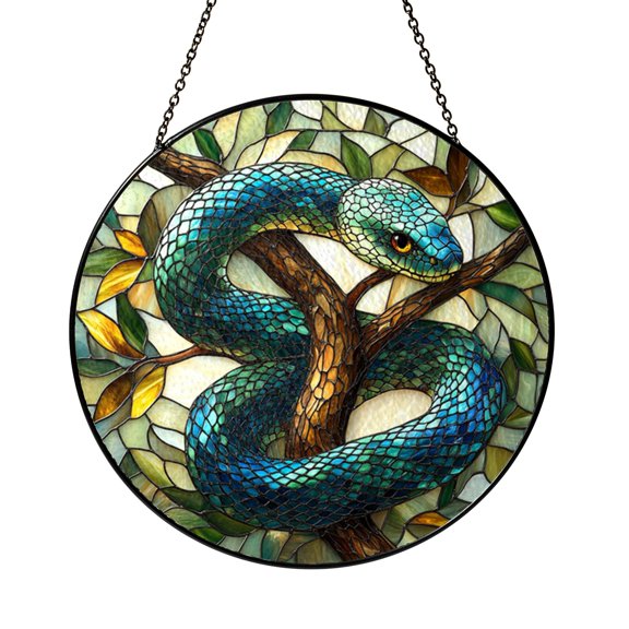 Snake Stained Glass Suncatcher, Round Serpent Window Decor with Wildlife Art Design, Bold Nature Home Accent