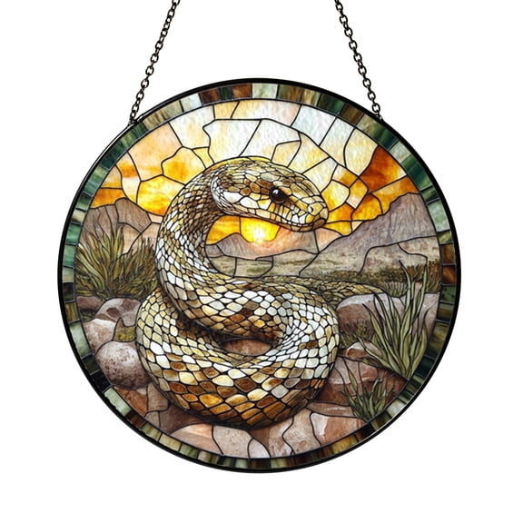 Snake and Sunset Stained Glass Style Suncatcher Window Hanging Decor, Round Desert Snake and Mountain View Glass Window Panel Art, Decorative Desert Scene Window Ornament for Home