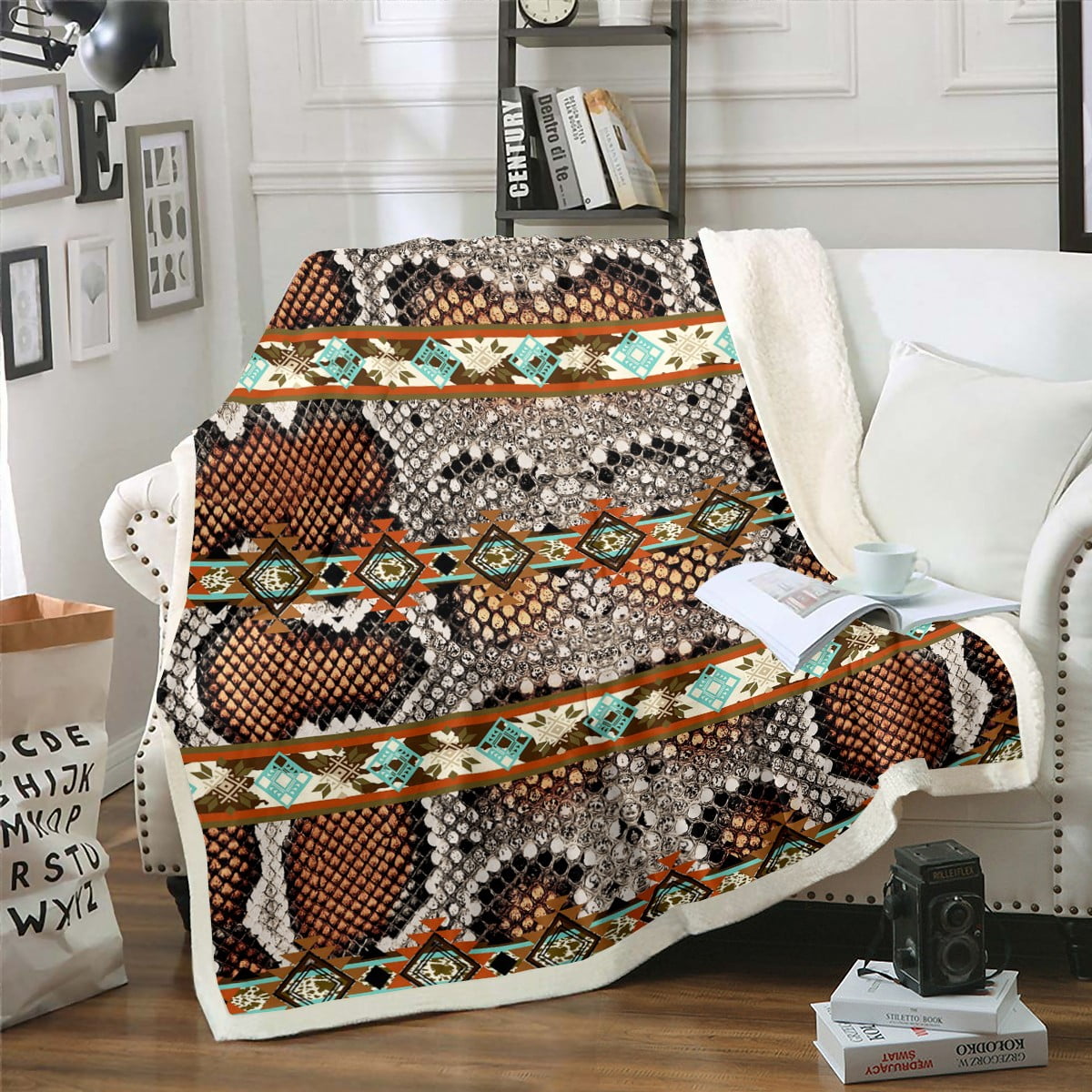 Snake Throw Blanket Burnt Sienna Snake Hide Blanket Exotic Arrow Aztec Fleece Blanket 90 x90
