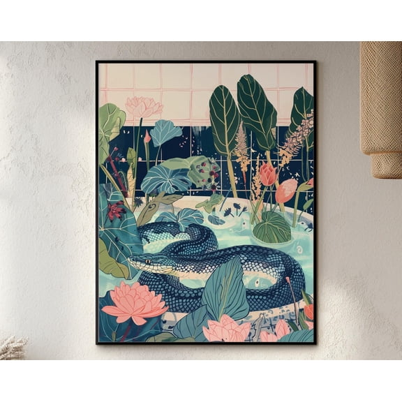 Snake Wall Art Print On Fine Art Paper, Balinese Decor, Boho Jungle Animal Bathtub Poster, Maximalist Botanical Eclectic, Japanese Print Wall Art, Modern Wall Decor For Living Room, 24x36 UNFRAMED