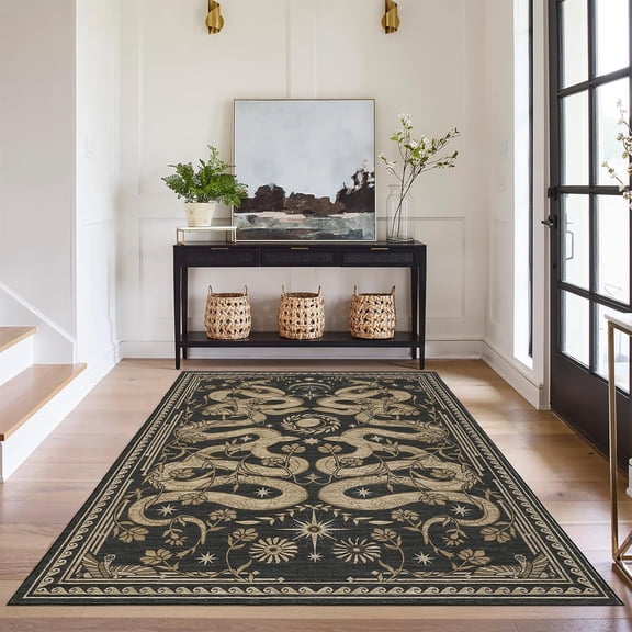 Snake Washable Rugs 4x6 Area Rug Dark Grey Forest Gothic Witchy Fantasy Soft Low-Pile Non Slip Carpet for Living Room Bedroom Dining Kitchen Nursery Throw Rug