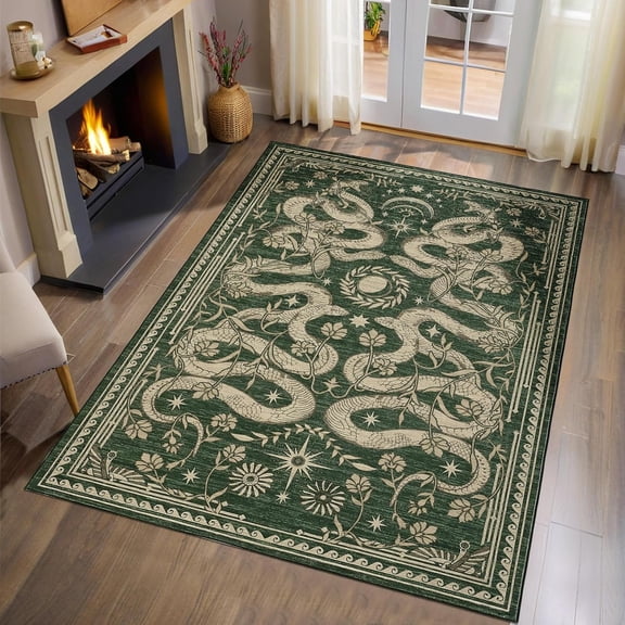 Snake Washable Rugs 4x6 Area Rug Forest Green Gothic Witchy Fantasy Soft Low-Pile Non Slip Carpet for Living Room Bedroom Dining Kitchen Nursery Throw Rug